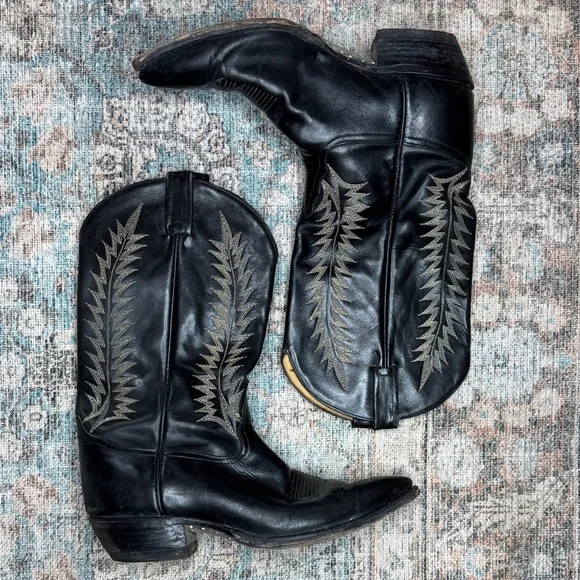 Tony Lama 6924 Men’s Black Leather Boots Vintage Western Cowboy Pointed Toe 11D